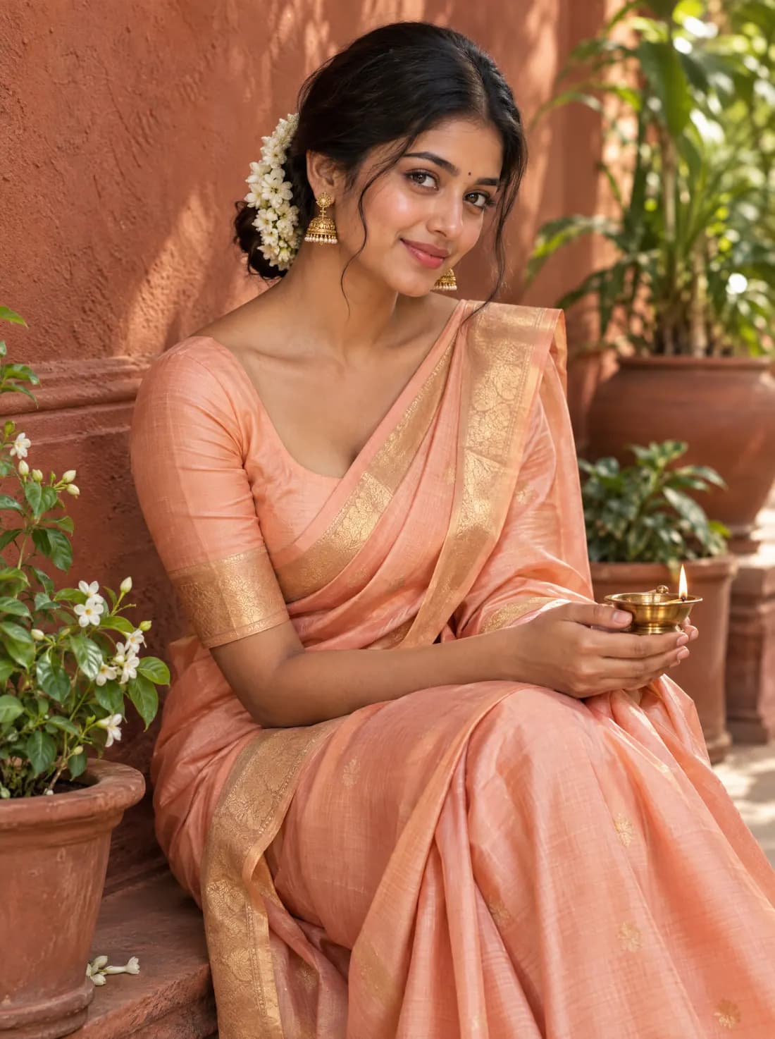 Peach Mul Cotton Saree